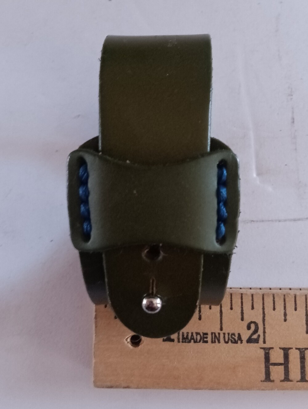 Unisex Forest Green Leather Cuff Bracelet Blue Stitching Metallic Stud Closure - Picture 6 of 7